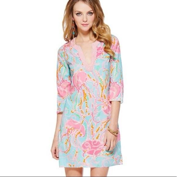 Lilly Pulitzer Courtney Beaded Tunic Dress in Jellies be Jammin Aqua Pink Sz XS - Picture 1 of 8